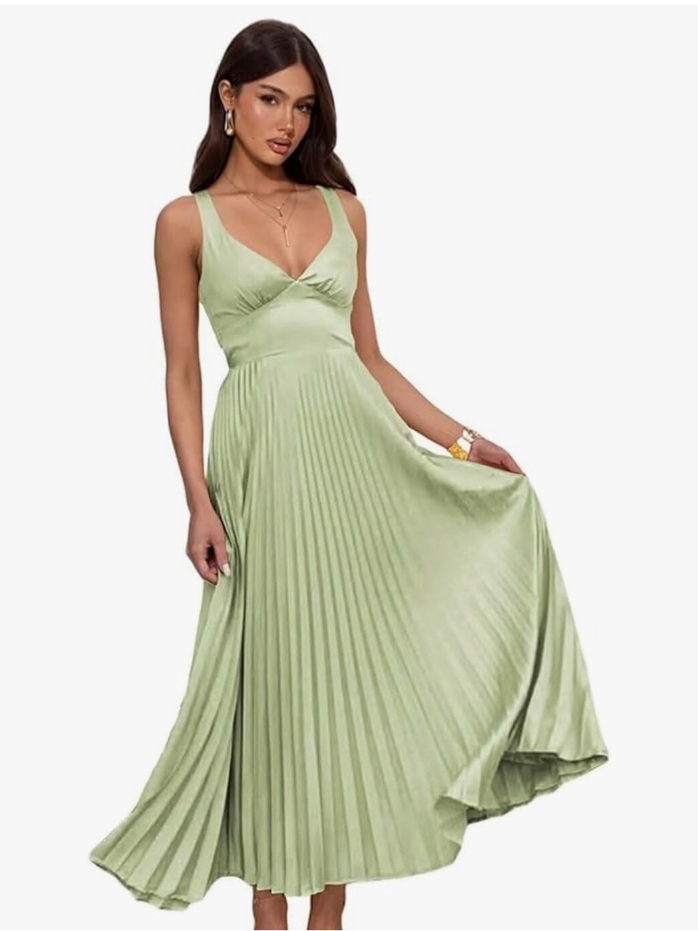Satin Pleated Maxi Dress in Light Green